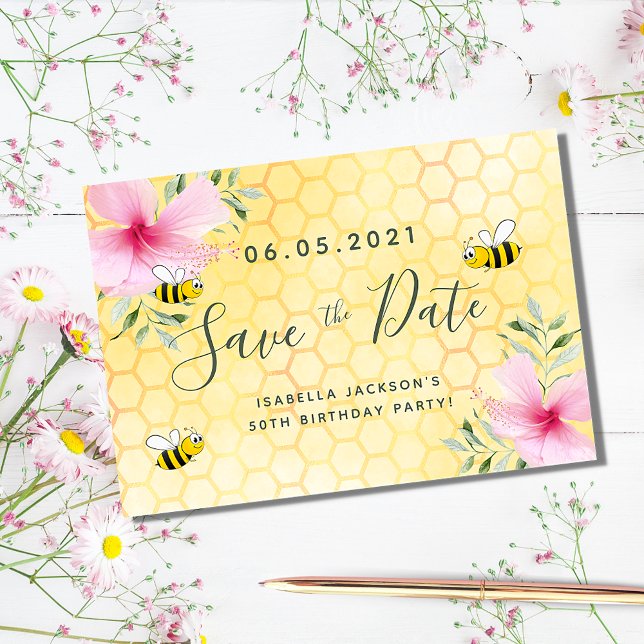 Reserva La Fecha Birthday party pink florals yellow honeycomb bees (Subido por el creador)