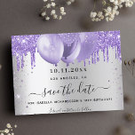 Reserva La Fecha Birthday silver violet balloons glitter drips<br><div class="desc">A faux silver looking background decorated with violet,  lavender colored faux glitter and balloons.  Personalize and add a date and name/age. The text: Save the Date is written with a large trendy hand lettered style script.</div>