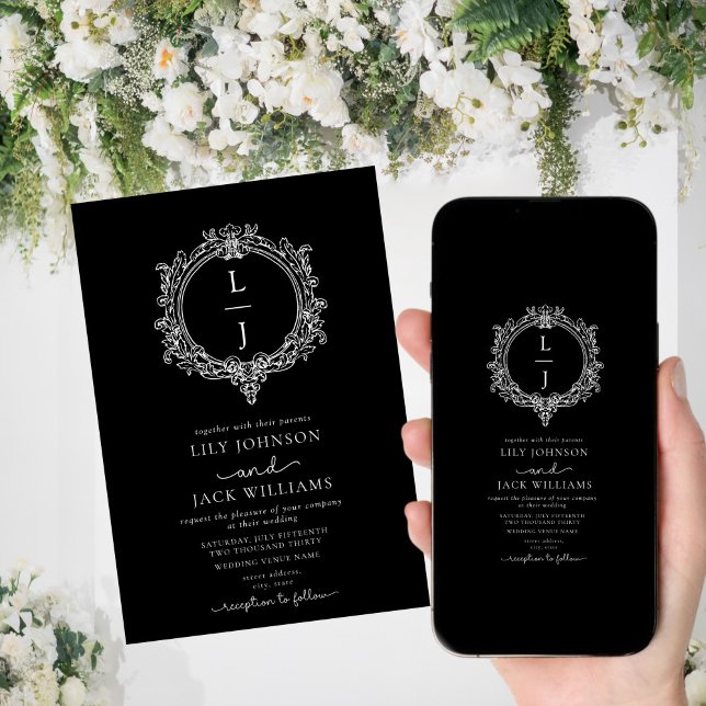 Reserva La Fecha black and white foliage Crest wedding invitation (Subido por el creador)