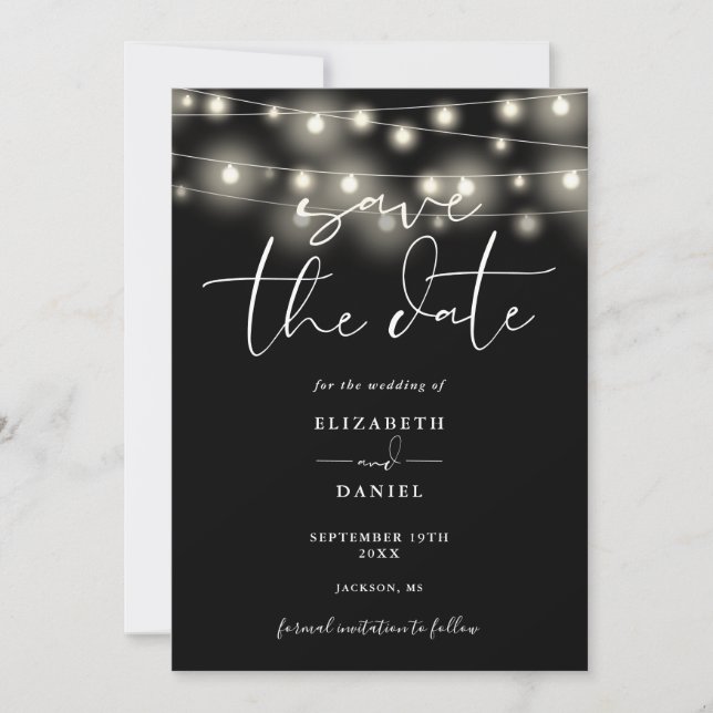Reserva La Fecha Black And White String Lights QR Code Wedding (Anverso)