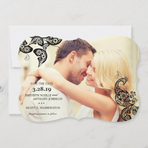 Reserva La Fecha Black Boho Floral Peacock Photo Save the Date Card