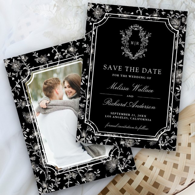 Reserva La Fecha Black Chinoiserie Crest Photo Wedding (Subido por el creador)