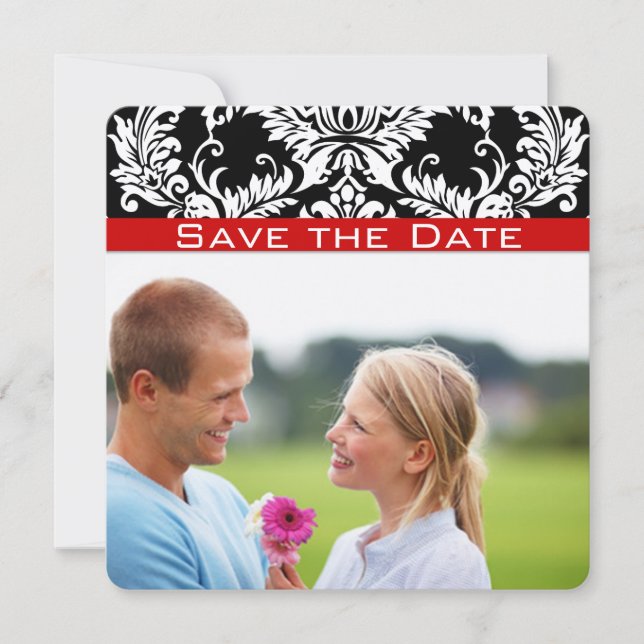 Reserva La Fecha Black Damask Save the Date con adornos rojos (Anverso)