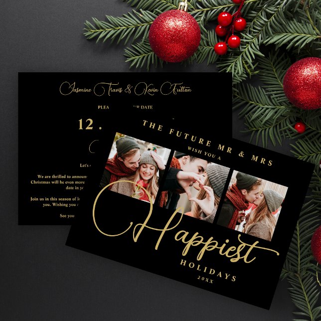 Reserva La Fecha Black Exquisite Sophisticated Wedding Xmas 3Photos (Black Exquisite Sophisticated Wedding Christmas 3 Photos in Fake Gold Holiday as a Save the Date.)