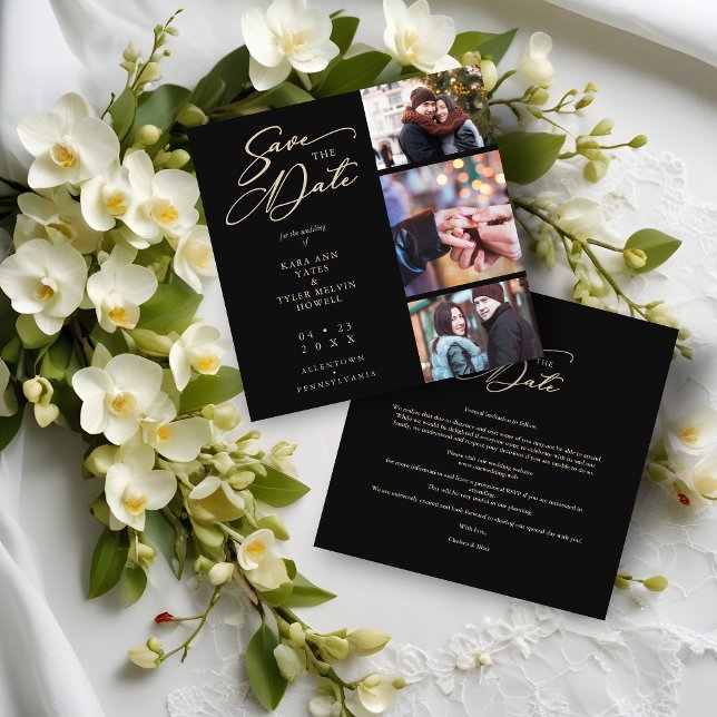 Reserva La Fecha Black Fancy Collage 3 Photos Couple Wedding (Black Fancy Collage 3 Photos Couple Wedding Engaged Save the Date. )