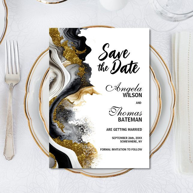 Reserva La Fecha Black Gold Agate Marble Boda Save the Date (Subido por el creador)
