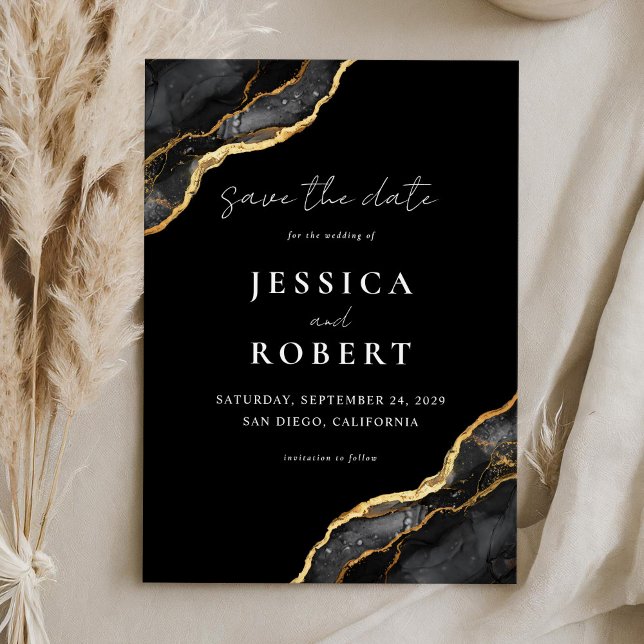 Reserva La Fecha Black Gold Agate Marble Elegant Wedding (Subido por el creador)