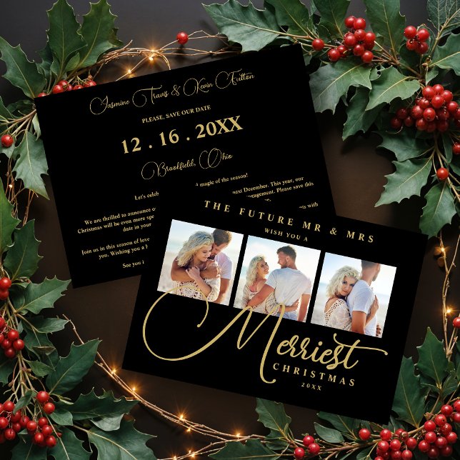 Reserva La Fecha Black Gold Exquisite Wedding Christmas 3 Photos (Exquisite Modern Wedding Christmas 3 Photos in Fake Gold and Black Holiday Cards.)
