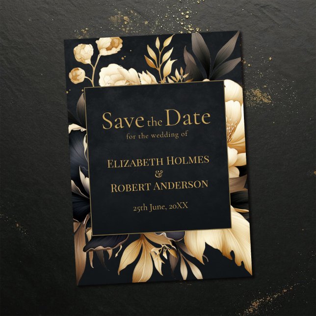 Reserva La Fecha Black & Gold Peony Gothic Save the Date (Black & Gold Peony Gothic Save the Date on a dark vintage table)