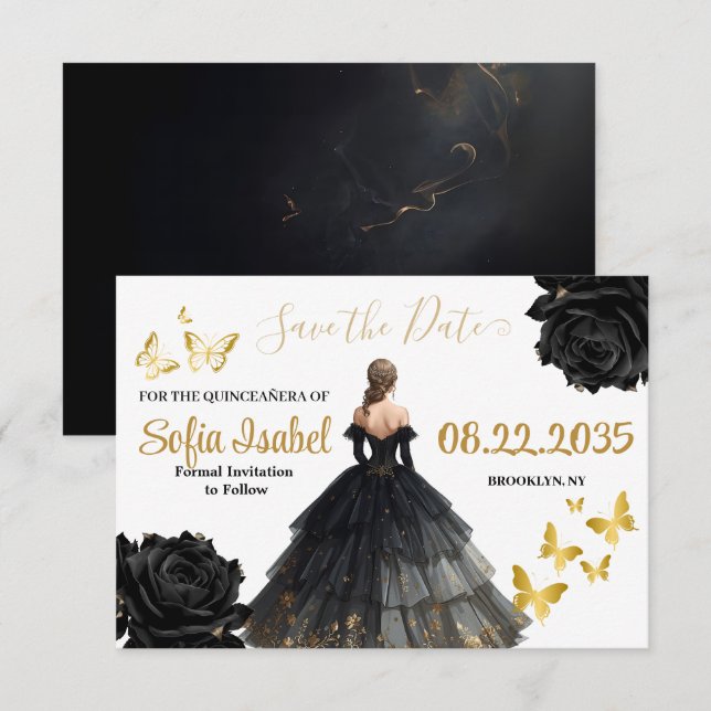 Reserva La Fecha Black & Gold Quinceañera Save the Date Card (Anverso / Reverso)