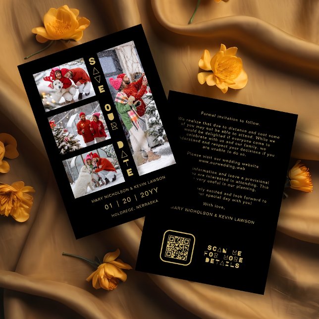 Reserva La Fecha Black & Gold Sophisticated 4 Multi-Photos Collage (Black & Faux Gold Sophisticated 4 Multi-Photos Collage Whimsical Script Save the Date Card.)