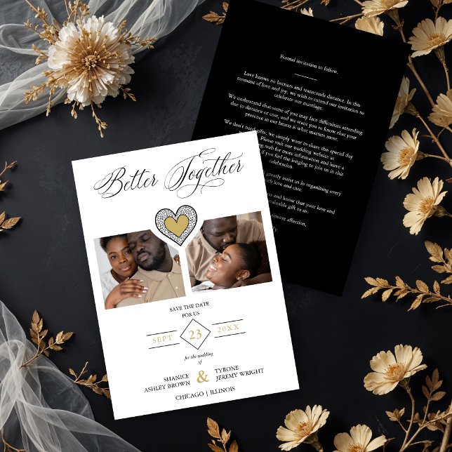 Reserva La Fecha Black & Gold Sophisticated Better Together Quote (Sophisticated Better Together Quote Black Fake Gold and Fake Lace Effect Heart 2 Photos Collage.)