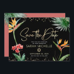 Reserva La Fecha Black Gold Tropical Bat Mitzvah Palm Floral Modern<br><div class="desc">¡Asegúrate de que todos tus amigos y parientes puedan celebrar el hito de tu hija Bat Mitzvah! Enviar esta moda, tarjeta de invitación personalizada "Save the Date". Aves acuáticas tropicales impresionantes, coloridas, con flores del paraíso, guión falso manuscrito dorado, puntos Star of David y purpurinas, junto con modernos sans serif,...</div>