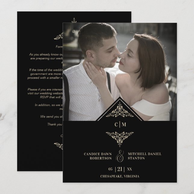 Reserva La Fecha Black Golden Chic Lace Romantic Couple Wedding (Anverso / Reverso)