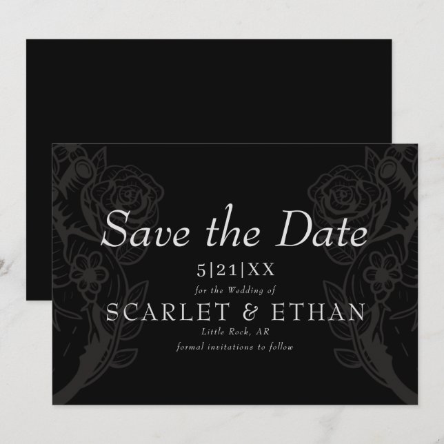Reserva La Fecha Black Gothic Floral Heart Moderno Boda (Anverso / Reverso)