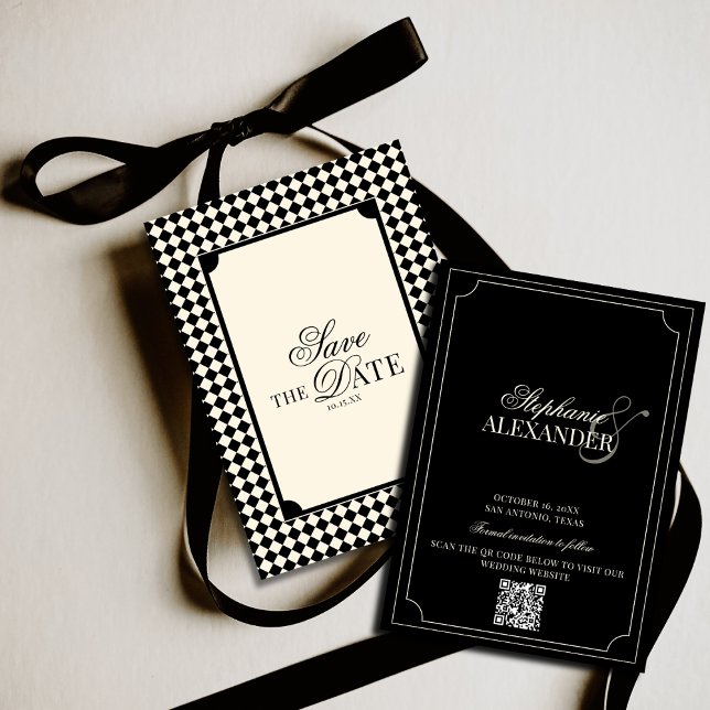 Reserva La Fecha Black & Ivory Checkered Old Money QR Code Wedding (Subido por el creador)