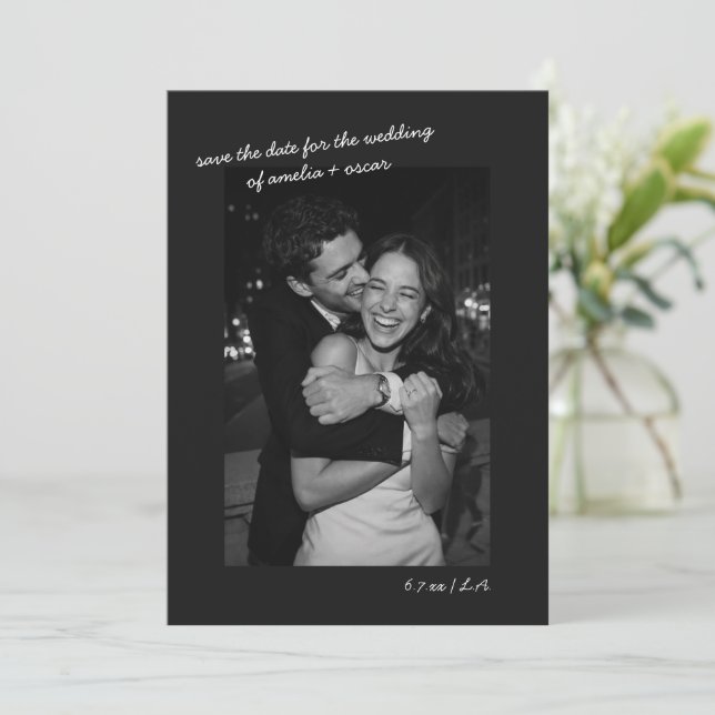Reserva La Fecha Black Photo Minimalist Modern Wedding Dark Script (Anverso de pie)