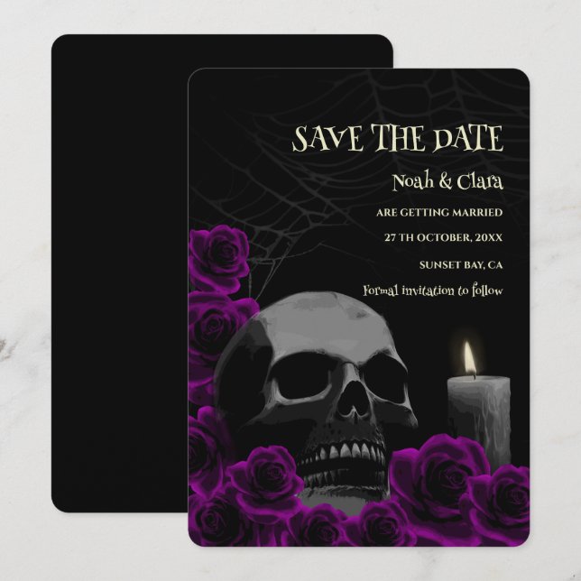 Reserva La Fecha Black Purple Dark Skull y Rosas Halloween (Anverso / Reverso)