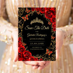 Reserva La Fecha Black Red Gold Quinceanera<br><div class="desc">Black red and gold Quinceanera celebration Save The Date card. Features,  script font,  butterflies,  watercolor roses and tiara. Perfect for an elegant princess style glam celebration. Personalize with your own details. Printed Zazzle cards or instant download digital printable template.</div>