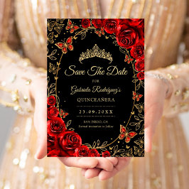 Reserva La Fecha Black Red Gold Quinceanera