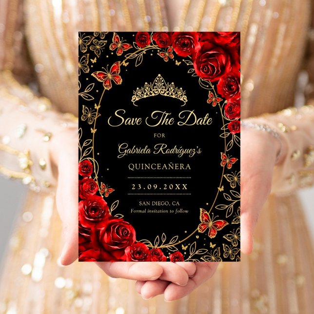 Reserva La Fecha Black Red Gold Quinceanera (Subido por el creador)