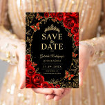 Reserva La Fecha Black Red Gold Quinceanera Floral<br><div class="desc">Black red gold Quinceanera celebration save the date card. Features,  script font,  gold butterflies,  watercolor roses and tiara. Perfect for an elegant princess style glam celebration. Personalize with your own details. Printed Zazzle cards or instant download digital printable template.</div>