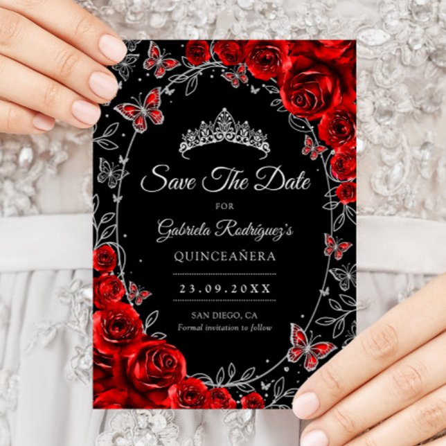 Reserva La Fecha Black Red Silver Quinceanera (Subido por el creador)