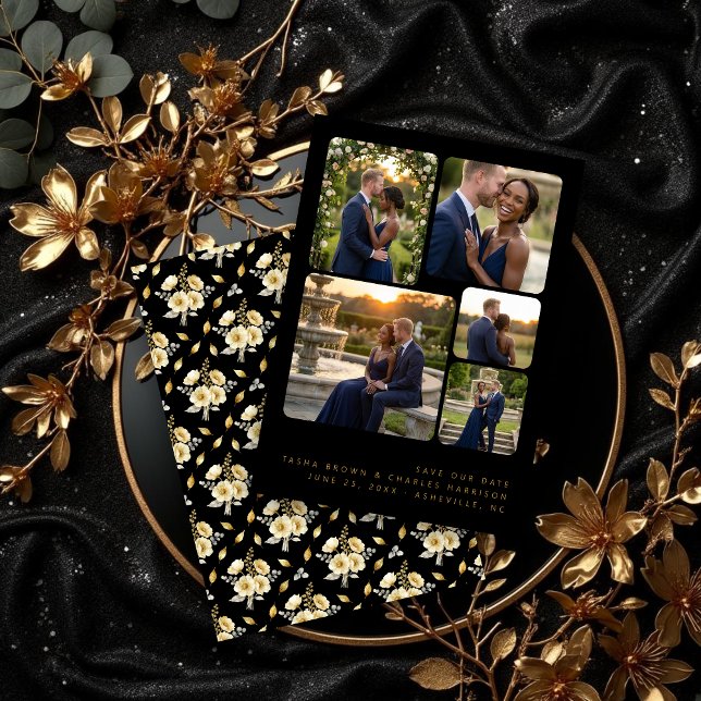 Reserva La Fecha Black Refined Minimalist 5-Photo Collage Wedding  (Black Refined Minimalist 5-Photo Collage Wedding Save the Date Card Design with Back Black.)