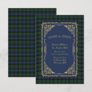 Reserva La Fecha Black Watch Tartán antiguo con marco dorado