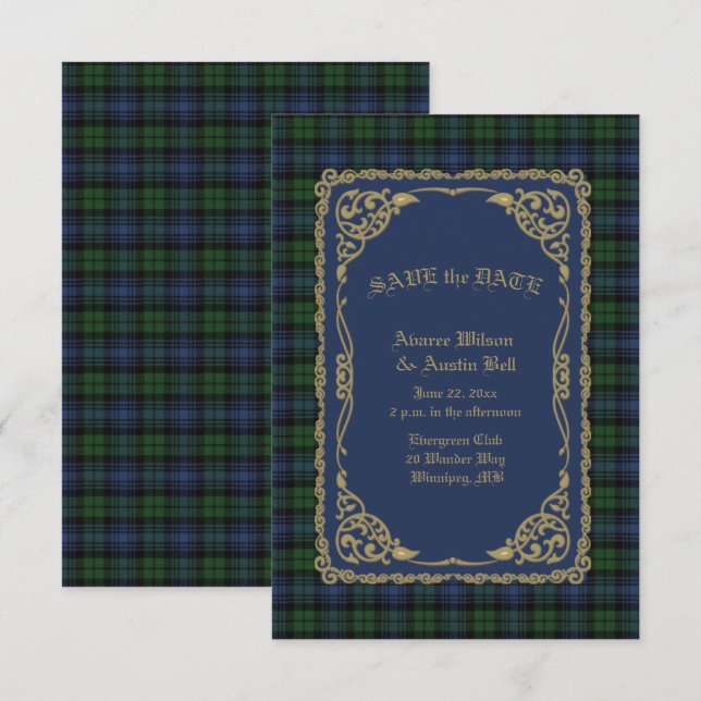 Reserva La Fecha Black Watch Tartán antiguo con marco dorado (Anverso / Reverso)