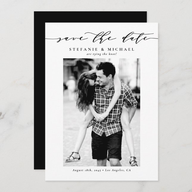 Reserva La Fecha Black Whimsical Script Photo (Anverso / Reverso)