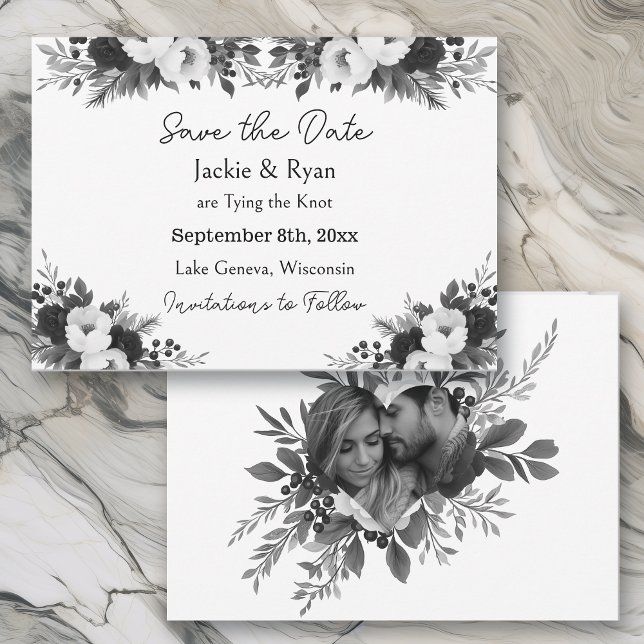 Reserva La Fecha Black & White Botanical Wedding Save the Date (Subido por el creador)