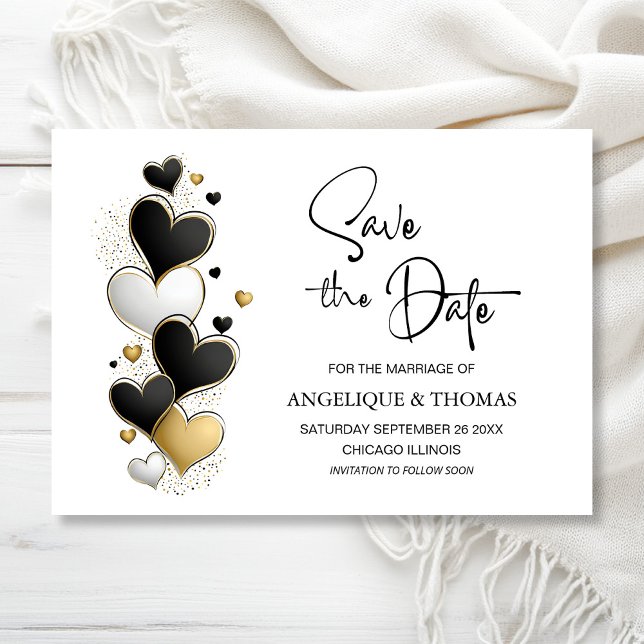 Reserva La Fecha Black White Gold Hearts Wedding Save the Date (Subido por el creador)