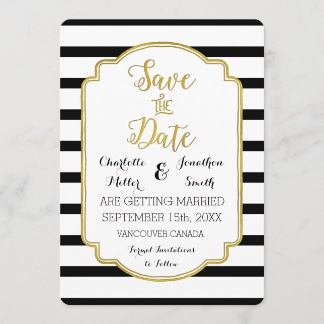 Reserva La Fecha Black White Stripes Gold Wedding Save the Date (Anverso)