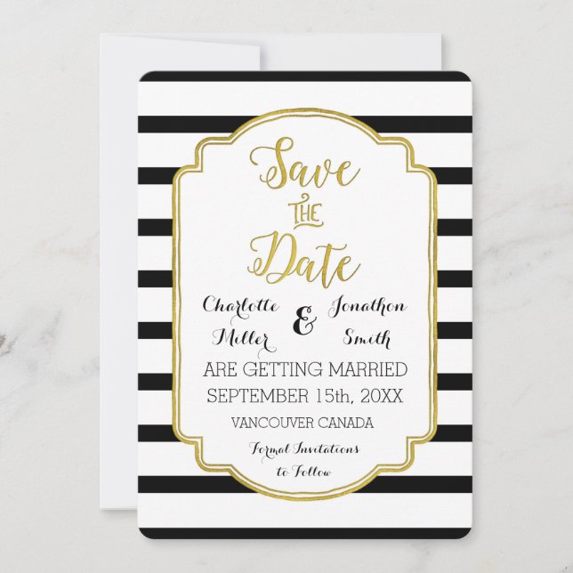 Reserva La Fecha Black White Stripes Gold Wedding Save the Date (Anverso)