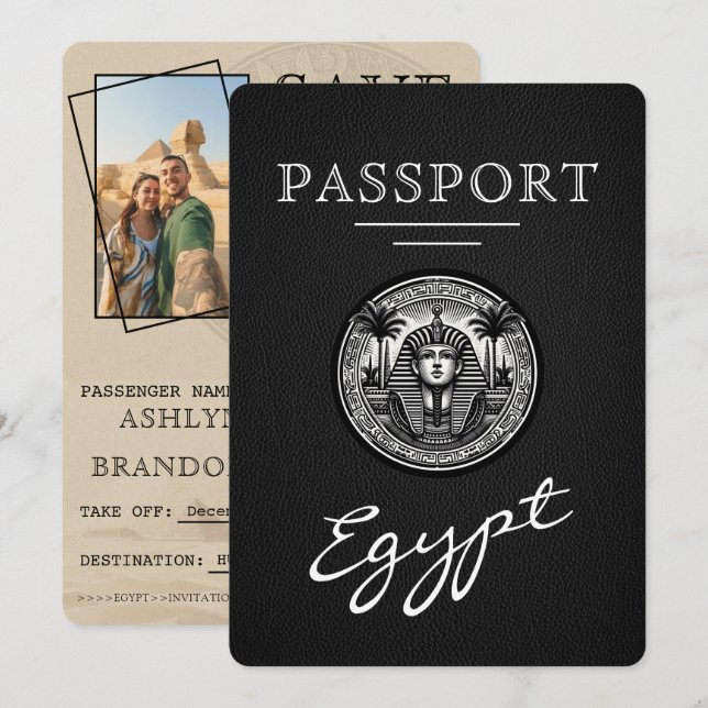 Reserva La Fecha Blacl Egypt Passport Wedding Save the Date (Anverso / Reverso)