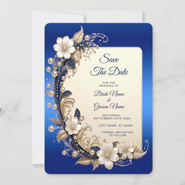 Reserva La Fecha Blanco Azul Embellishment Floral Save The Date (Anverso)
