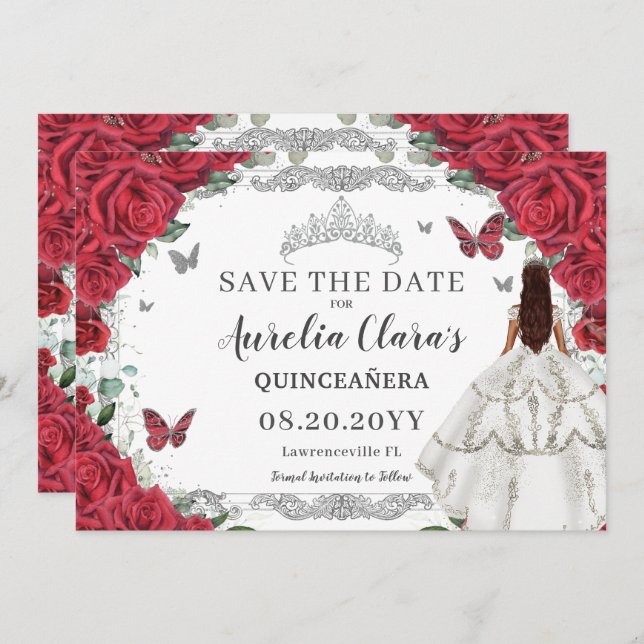 Reserva La Fecha Blanco Floral Rojo Guiso Quinceanera Dulce Diecisé (Anverso / Reverso)