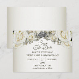 Reserva La Fecha Blanco Floral Verde Beige Elegante Moderno Boda
