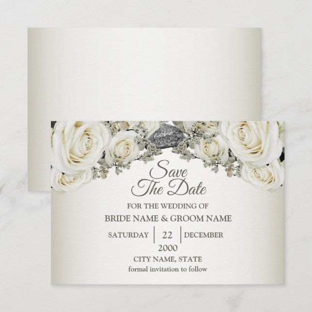 Reserva La Fecha Blanco Floral Verde Beige Elegante Moderno Boda (Anverso / Reverso)