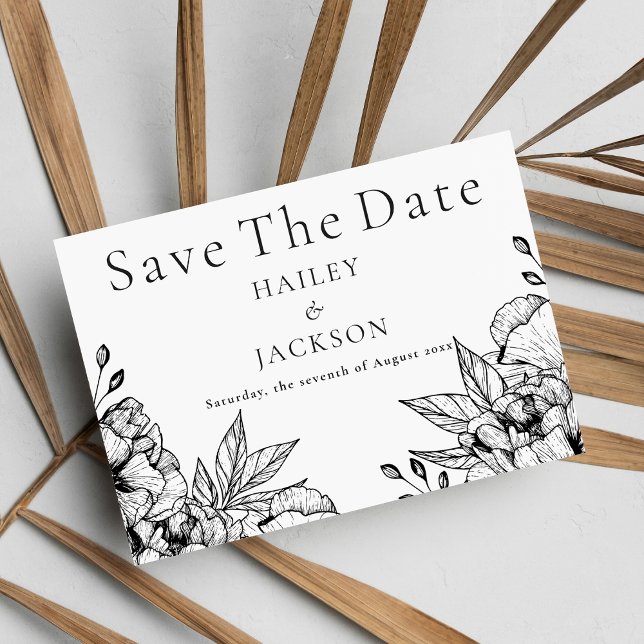 Reserva La Fecha Blanco negro elegante romántico floral Guardar la  (Black white elegant romantic floral Save The Date)