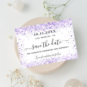 Reserva La Fecha Blanco violeta purpurina de la fiesta de cumpleaño