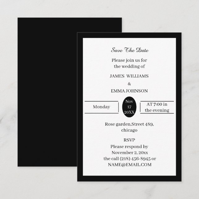 Reserva La Fecha Blanco Y Negro Simple Personalizado (Anverso / Reverso)