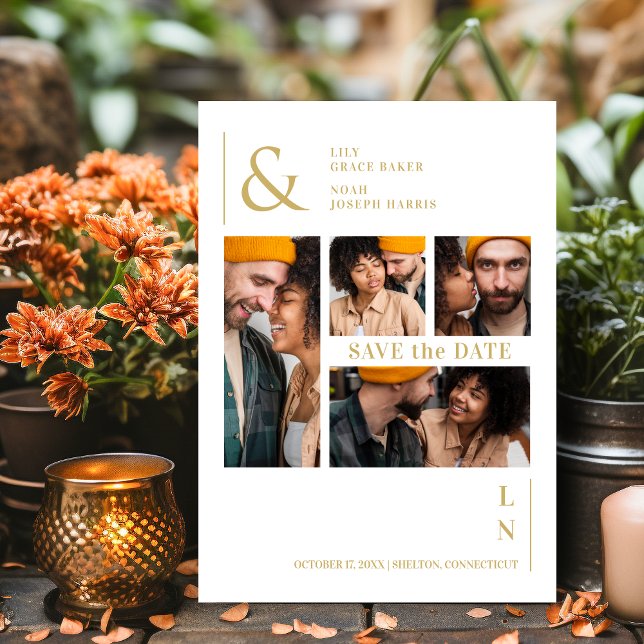 Reserva La Fecha Blanco y Oro ultramoderno 4 Fotos Múltiples (Ultra Modern Trendy White & Fake Gold 4 Multi Photos Collage Save the Date Card with Envelope.)