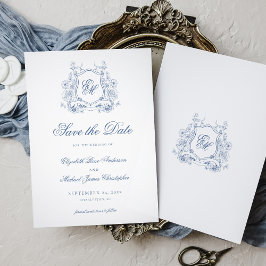 Reserva La Fecha Blasón Floral Azul Formal Monograma Boda Elegante