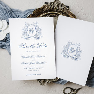 Reserva La Fecha Blasón Floral Azul Formal Monograma Boda Elegante