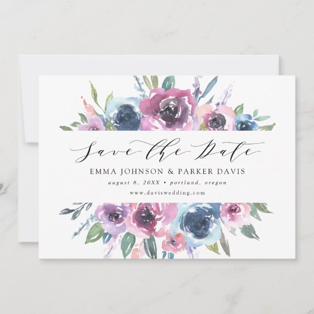 Reserva La Fecha Blogs de medianoche | Floral morada y azul (Anverso)