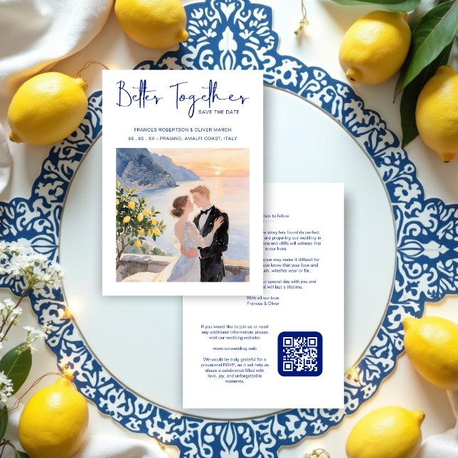 Reserva La Fecha Blue Amalfi Coast Lemon Tree Chic Wedding Couple (Blue Amalfi Coast Lemon Tree Chic Wedding Couple Save the Date Cards with Back QR Code. )