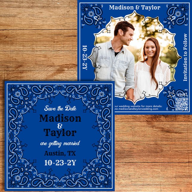 Reserva La Fecha Blue Bandana Photo Flat Save the Date Card (Classic blue bandana Save the Date with your photo and a QR code.)