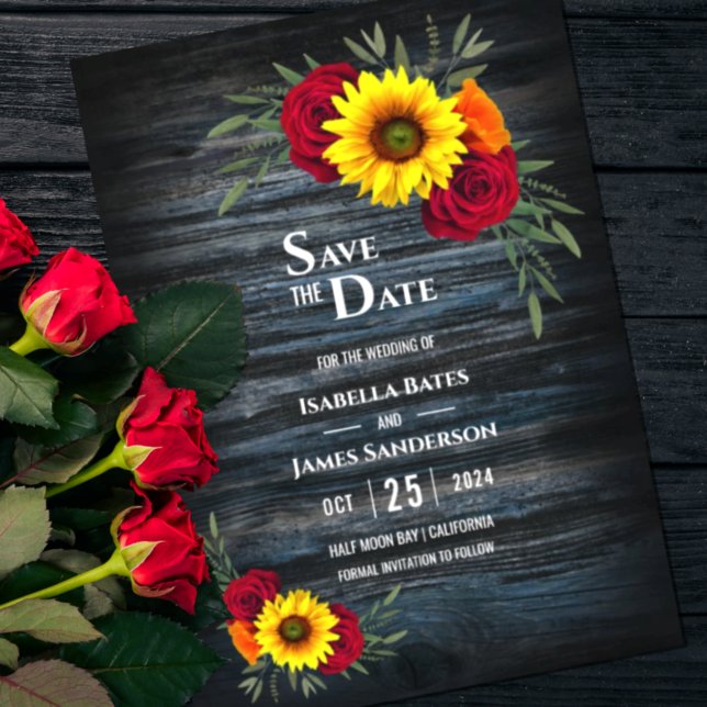 Reserva La Fecha Blue Barn Wood Sunflower Borgoña Rosa Boda (Subido por el creador)